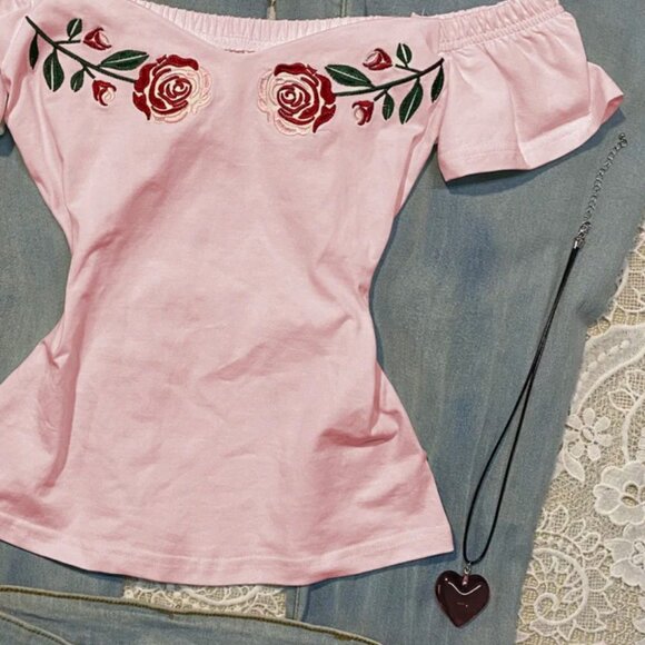 Original Vintage Romantic Rose Embroidery Pink Short Sleeve T-Shirt Women - Picture 3 of 4